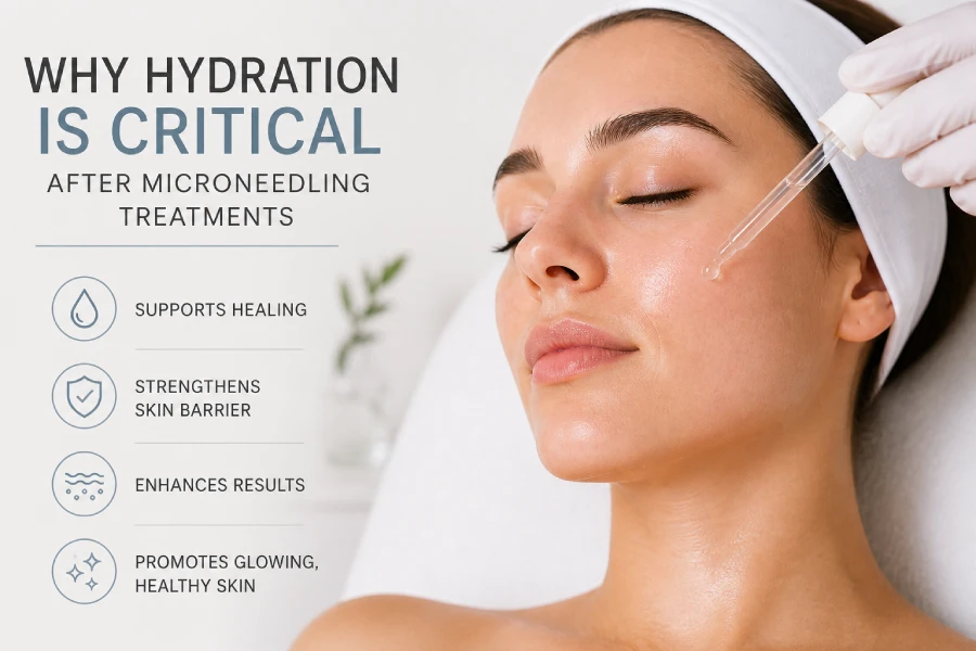 Esthetician applying a hydrating jelly mask to a client immediately after microneedling, in a clinical treatment room setting.