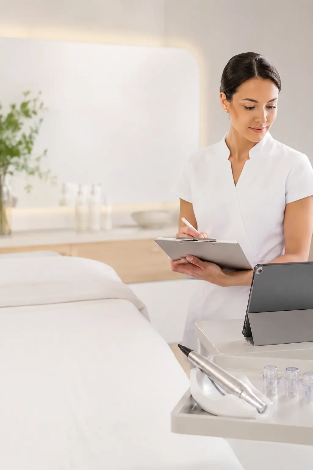 Esthetician explaining nano infusion treatment foundations to a client in a professional skincare room