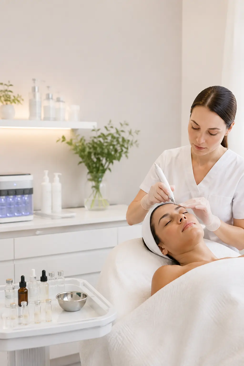 Professional esthetician reviewing treatment consent forms and compliance notes for nano infusion services