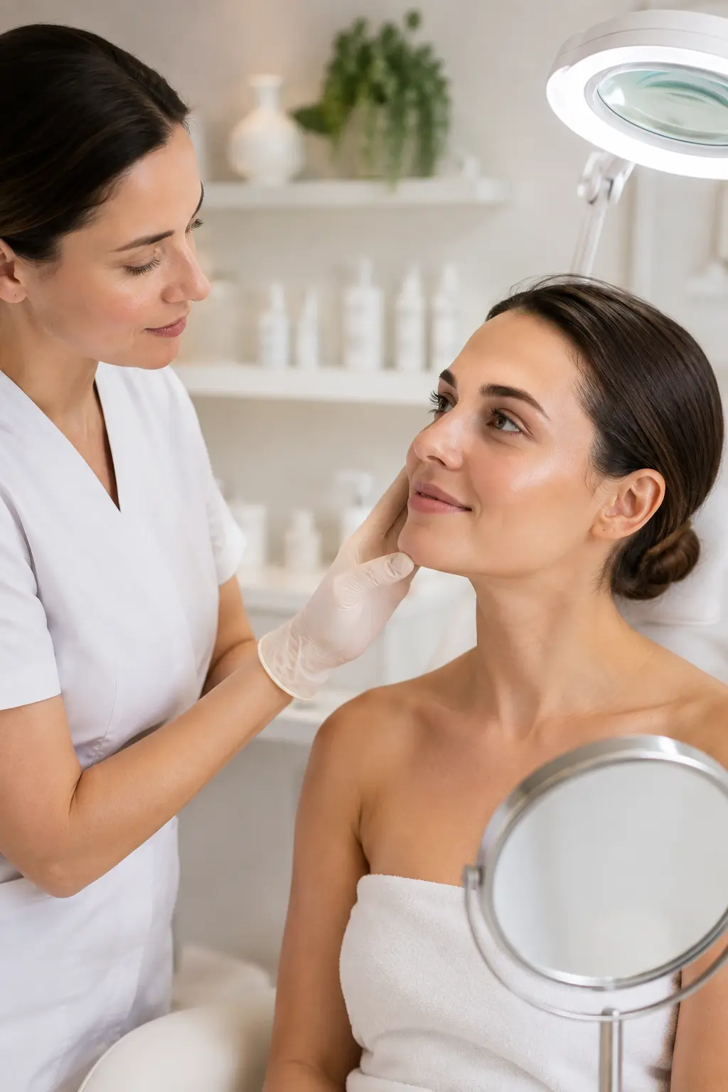 Esthetician assessing client skin concerns and results after a nano infusion style facial treatment