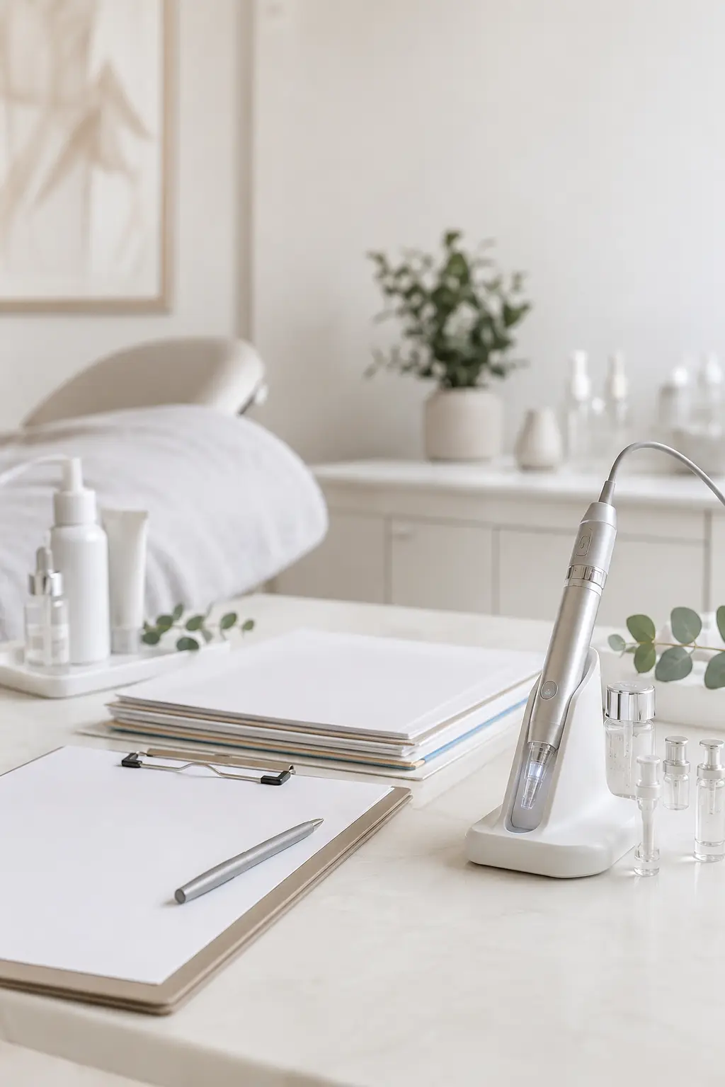 Nano infusion treatment protocol setup with professional serums bowls gloves and treatment bed