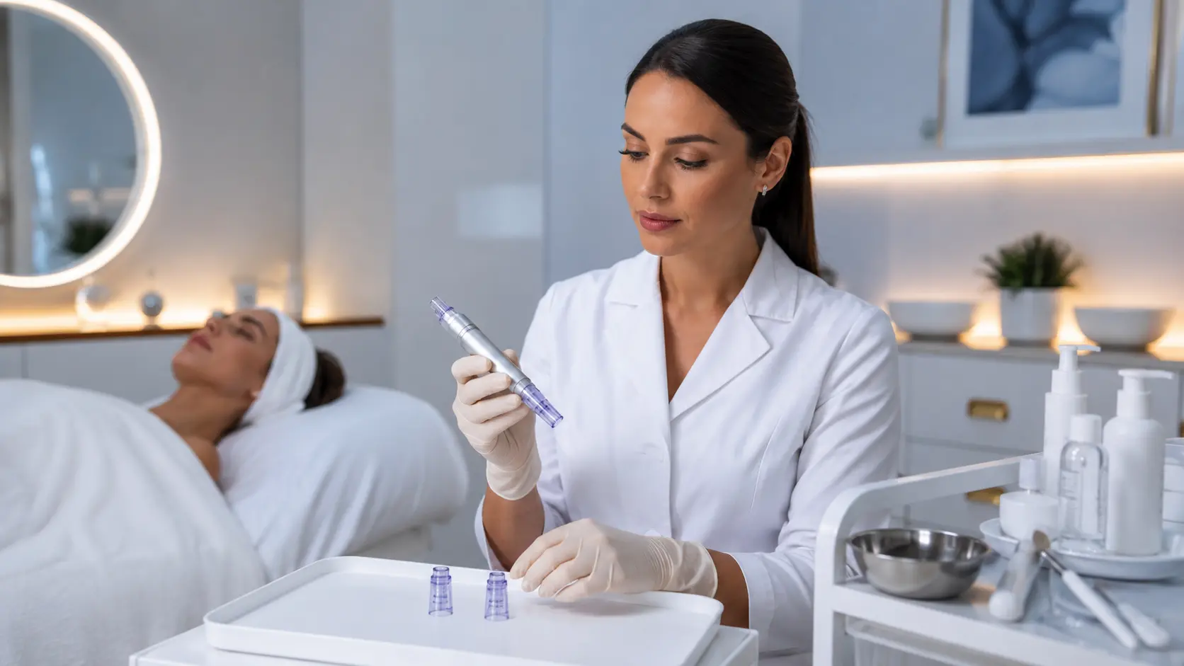 Professional esthetician evaluating nano infusion devices and tips in a clinical treatment room setting