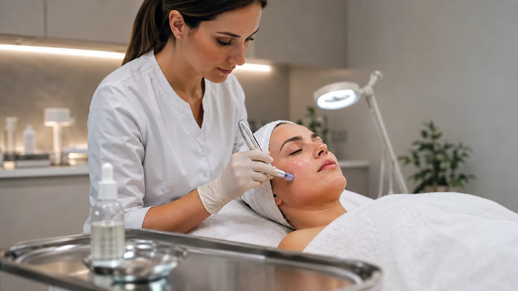 Licensed esthetician performing nano infusion treatment with correct device angle and controlled hand pressure in a professional treatment room