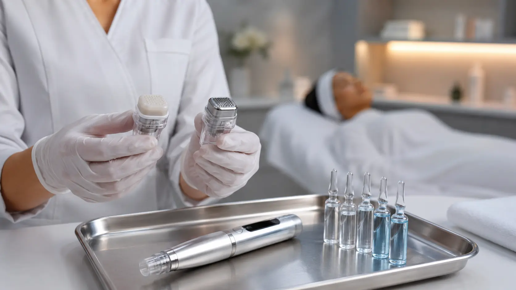 Professional esthetician comparing silicone and metal nano infusion tips on a treatment tray in a clinical setting