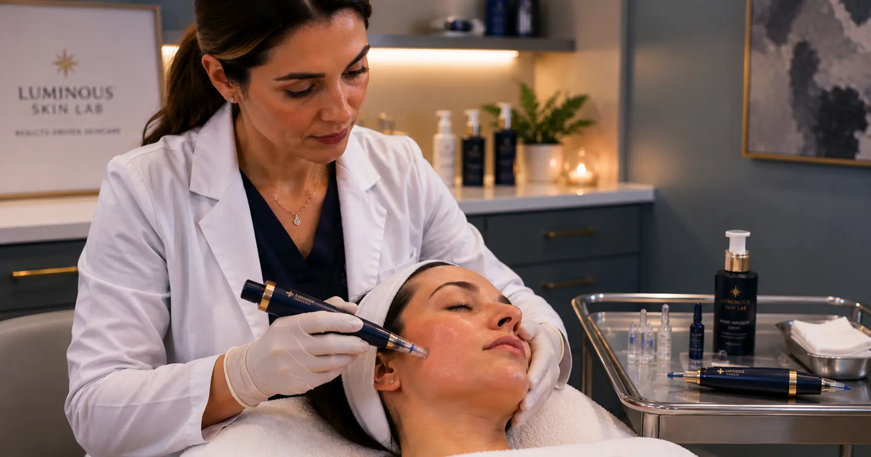 Professional esthetician demonstrating stamp and circular motion nano infusion techniques on a client in a clinical treatment room