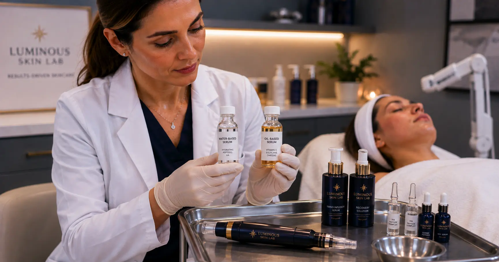 Professional esthetician preparing serums for nano infusion treatment, comparing water-based and oil-based formulations on a clinical treatment tray
