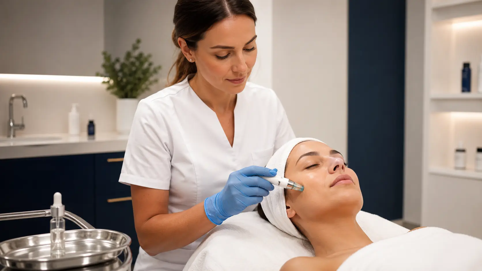 Licensed esthetician performing a nano infusion treatment in a professional clinical treatment room setting
