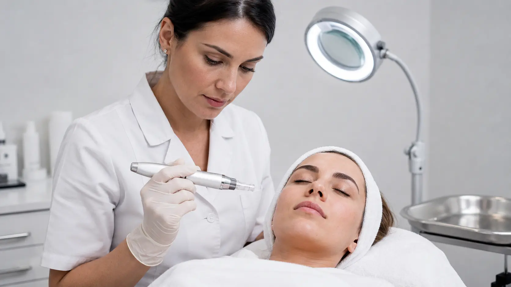 Professional esthetician examining a nano infusion device tip under magnification in a clinical treatment room setting
