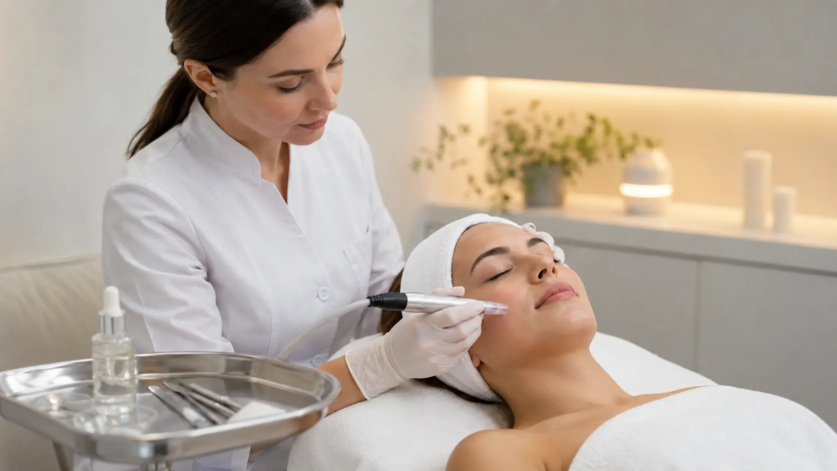 Licensed esthetician performing a nano infusion treatment with a professional nano-tip device in a clinical treatment room setting