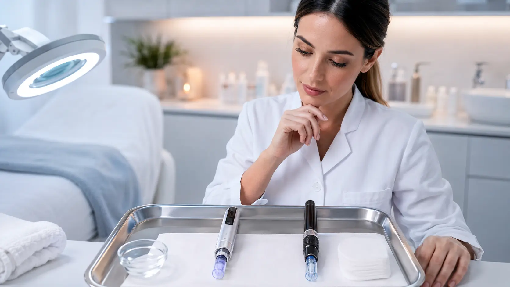Licensed esthetician comparing nano infusion and microneedling devices side by side in a professional treatment room setting