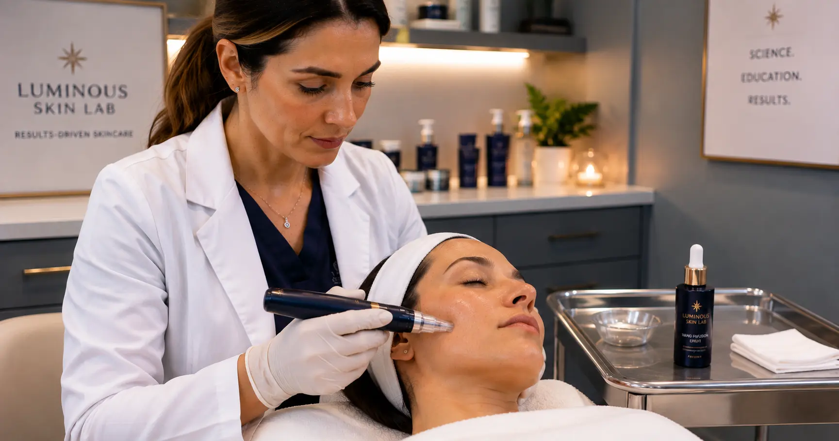 Licensed esthetician performing a nano infusion treatment using a professional nano-tip device on a client in a clinical treatment room