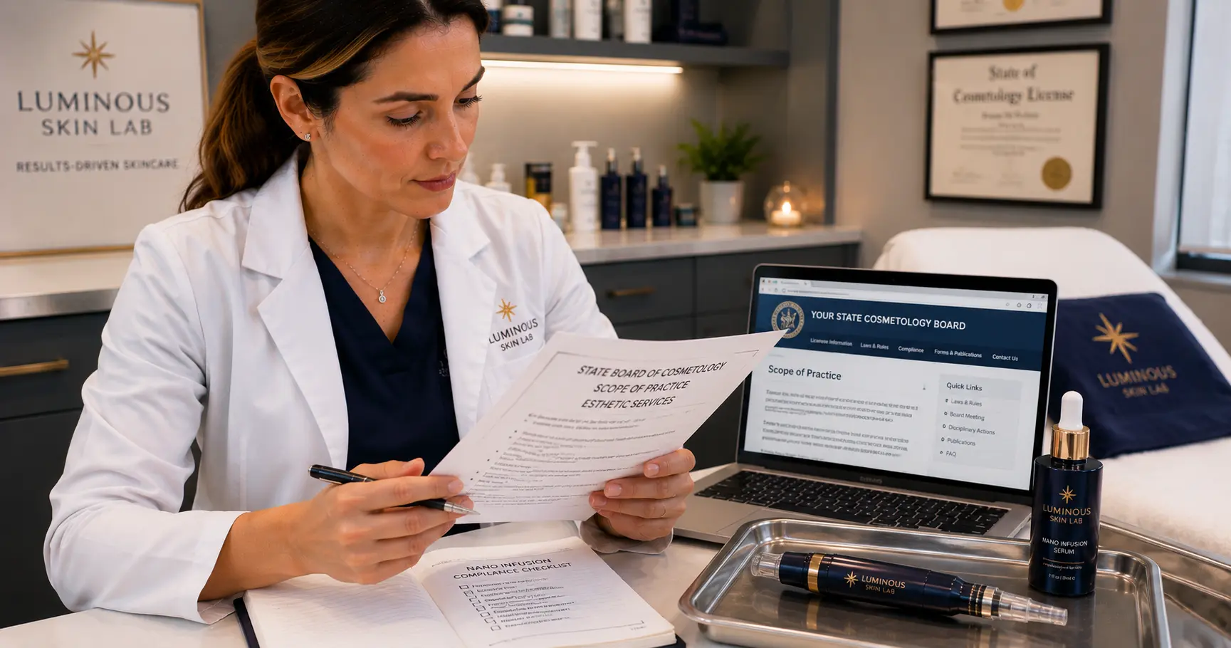 Licensed esthetician reviewing compliance documentation in a professional treatment room setting