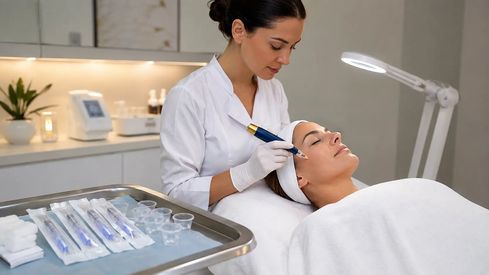 Licensed esthetician performing nano infusion treatment in a clean clinical setting with proper infection control procedures in place