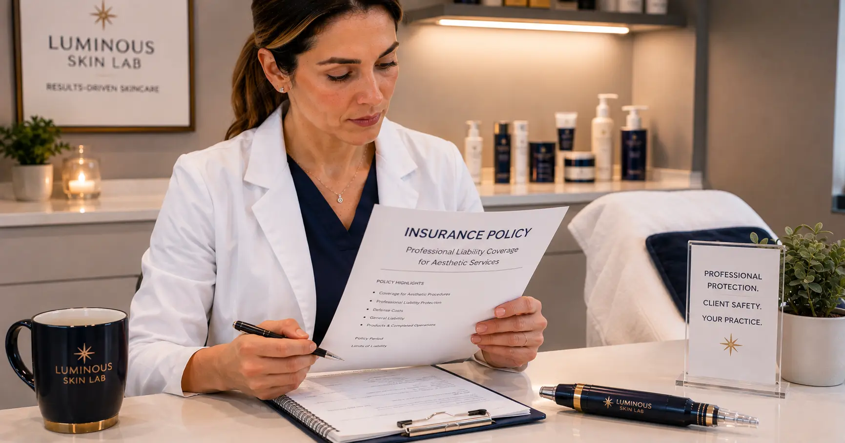 Licensed esthetician reviewing insurance policy documents for nano infusion services in a professional treatment room setting