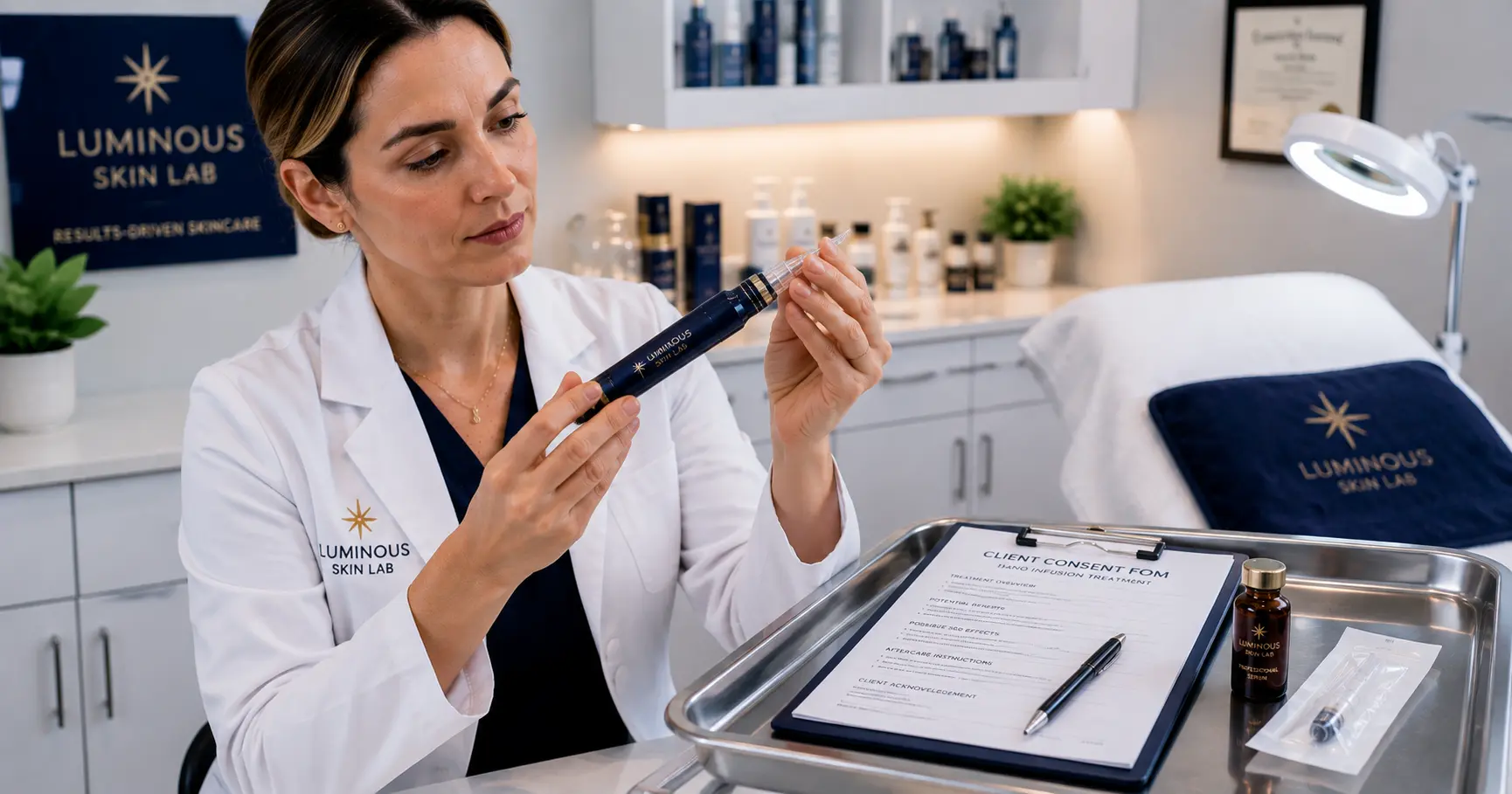 Esthetician reviewing nano infusion device tip under professional lighting in a clinical treatment room, evaluating the distinction between needle-free and microneedling technology