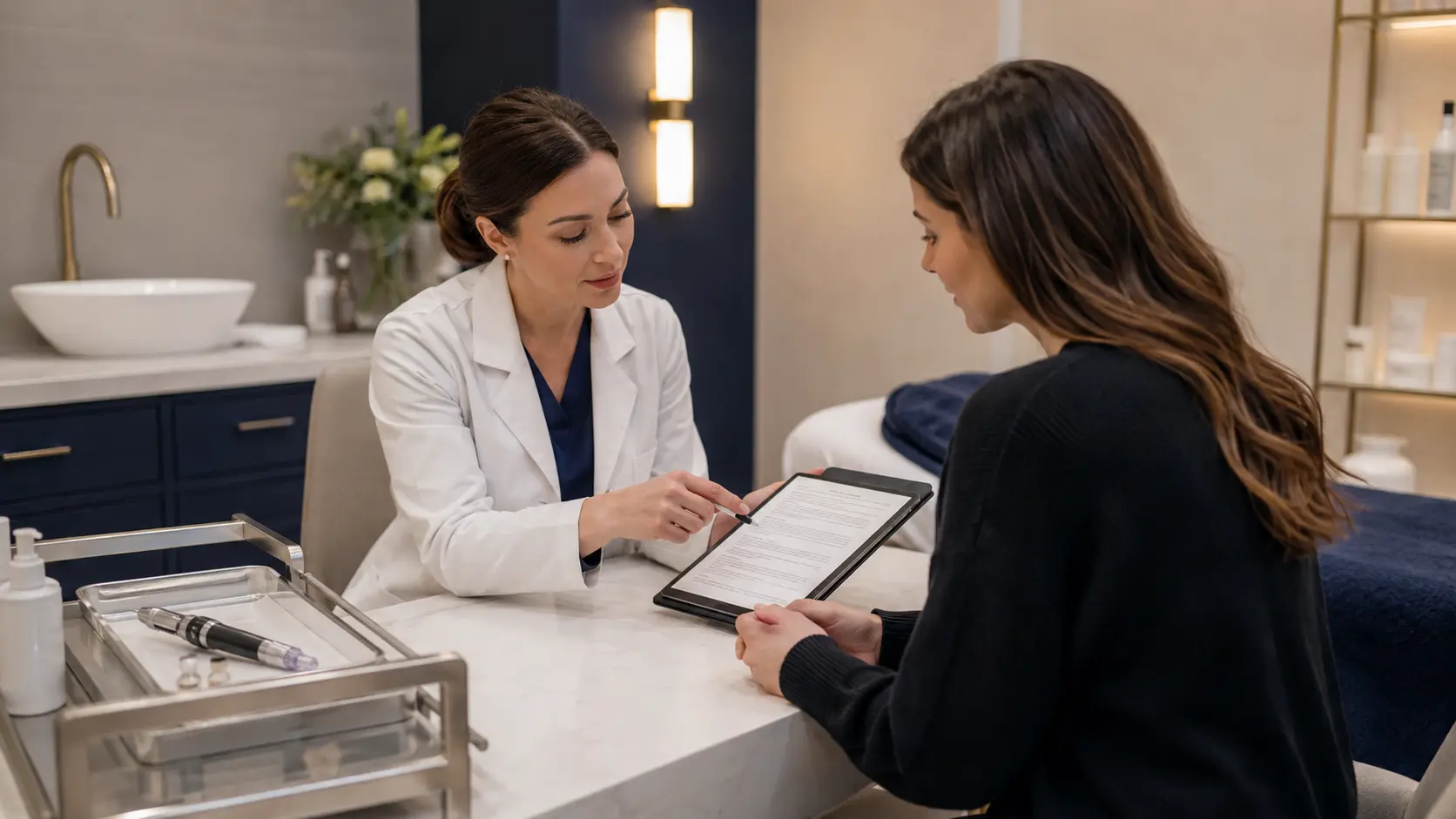 Licensed esthetician reviewing a nano infusion consent form with a client during a professional pre-treatment consultation