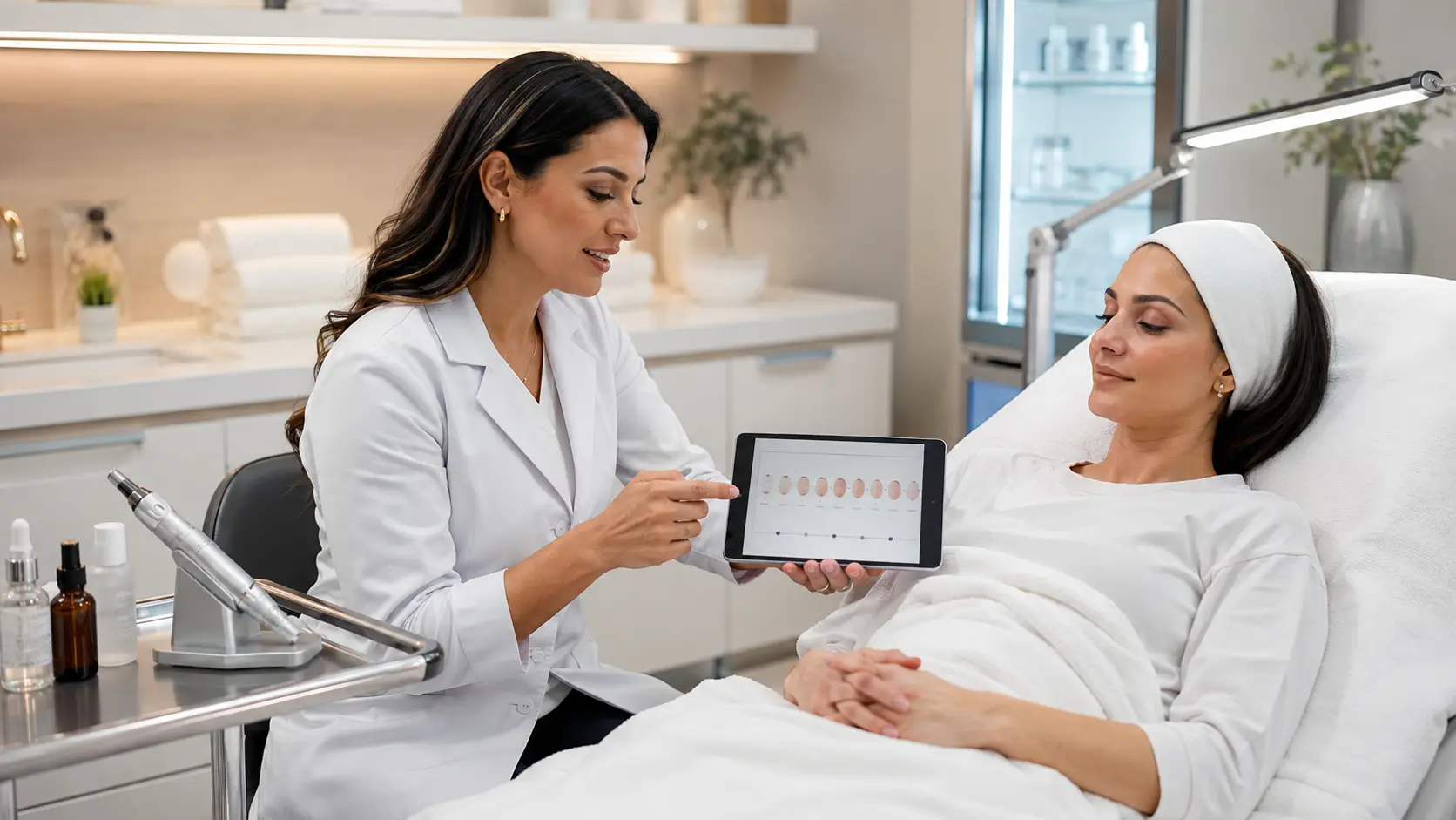 Esthetician reviewing nano infusion treatment results timeline with a client in a professional treatment room setting