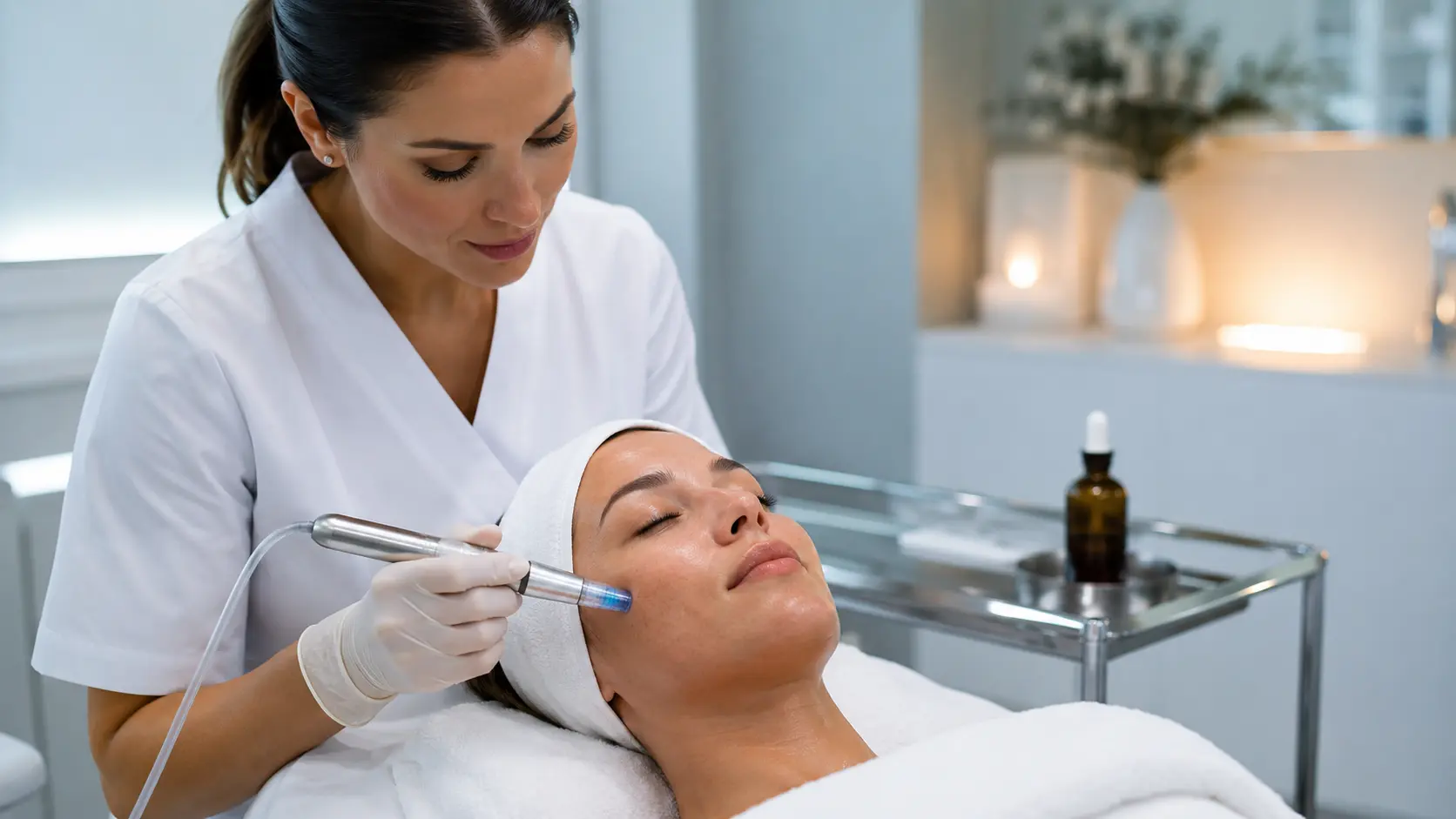 Licensed esthetician performing a nano infusion treatment on a client with dehydrated skin in a professional clinical treatment room