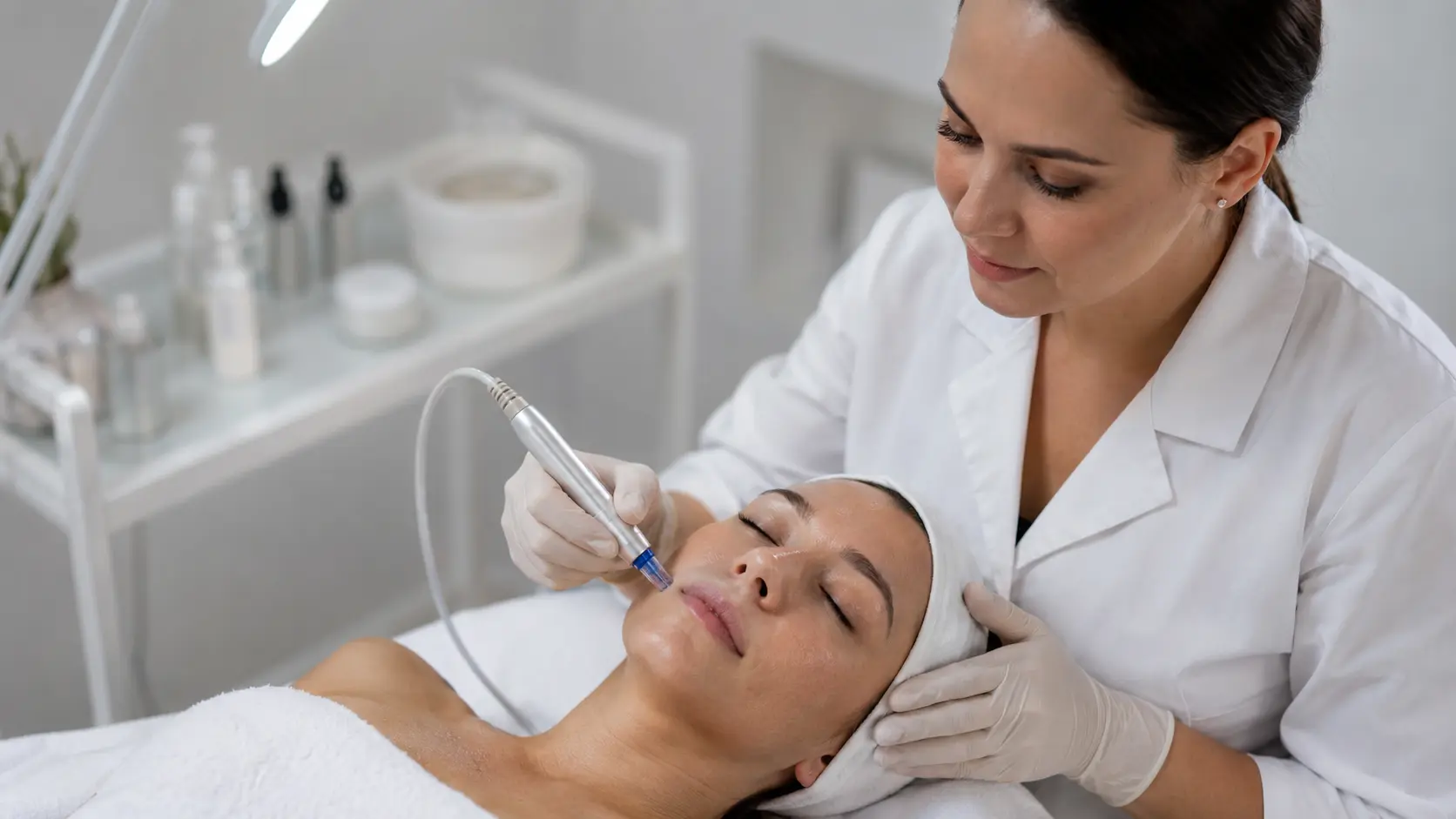 Licensed esthetician performing a nano infusion treatment on a client with enlarged pores in a professional treatment room