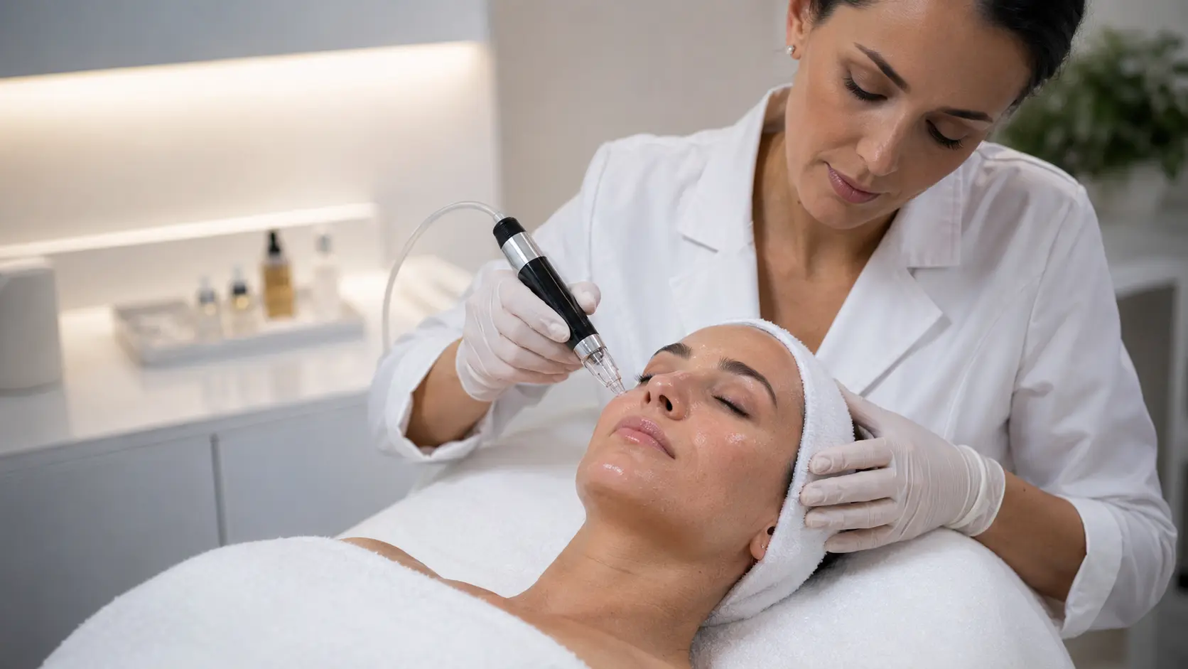 Licensed esthetician performing a nano infusion treatment targeting fine lines around the eyes and forehead in a professional clinical setting