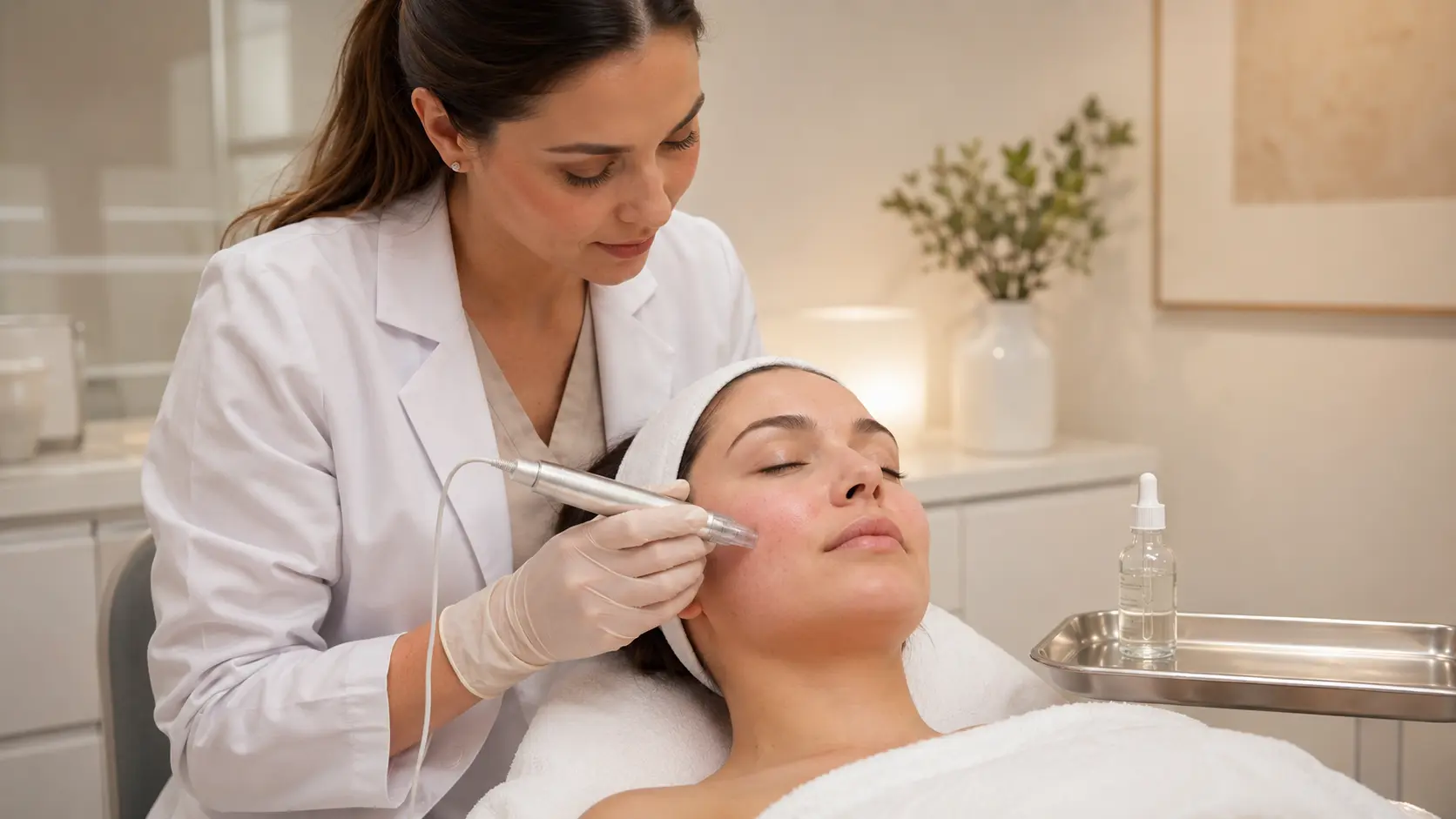 Esthetician performing a careful nano infusion treatment on a client with sensitive, reactive skin in a professional clinical setting