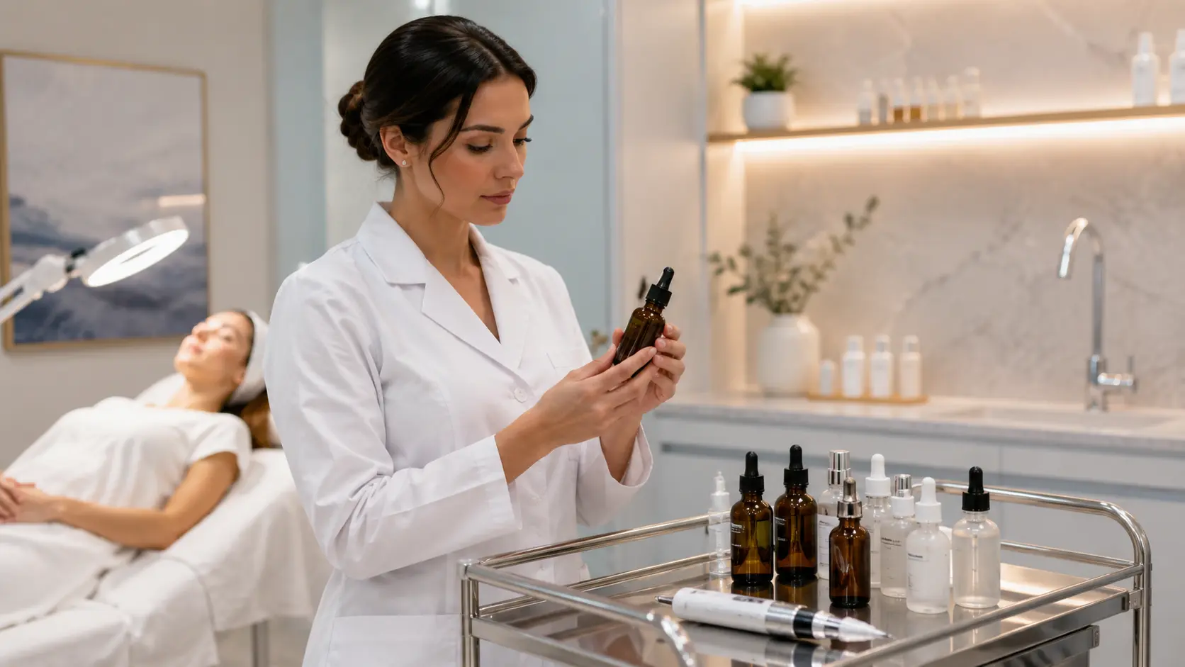 Professional esthetician preparing serums for a nano infusion treatment in a clinical setting