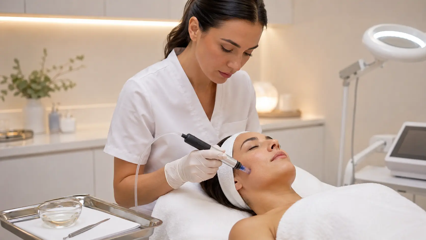 Licensed esthetician performing nano infusion treatment on a client following dermaplaning in a professional clinical treatment room