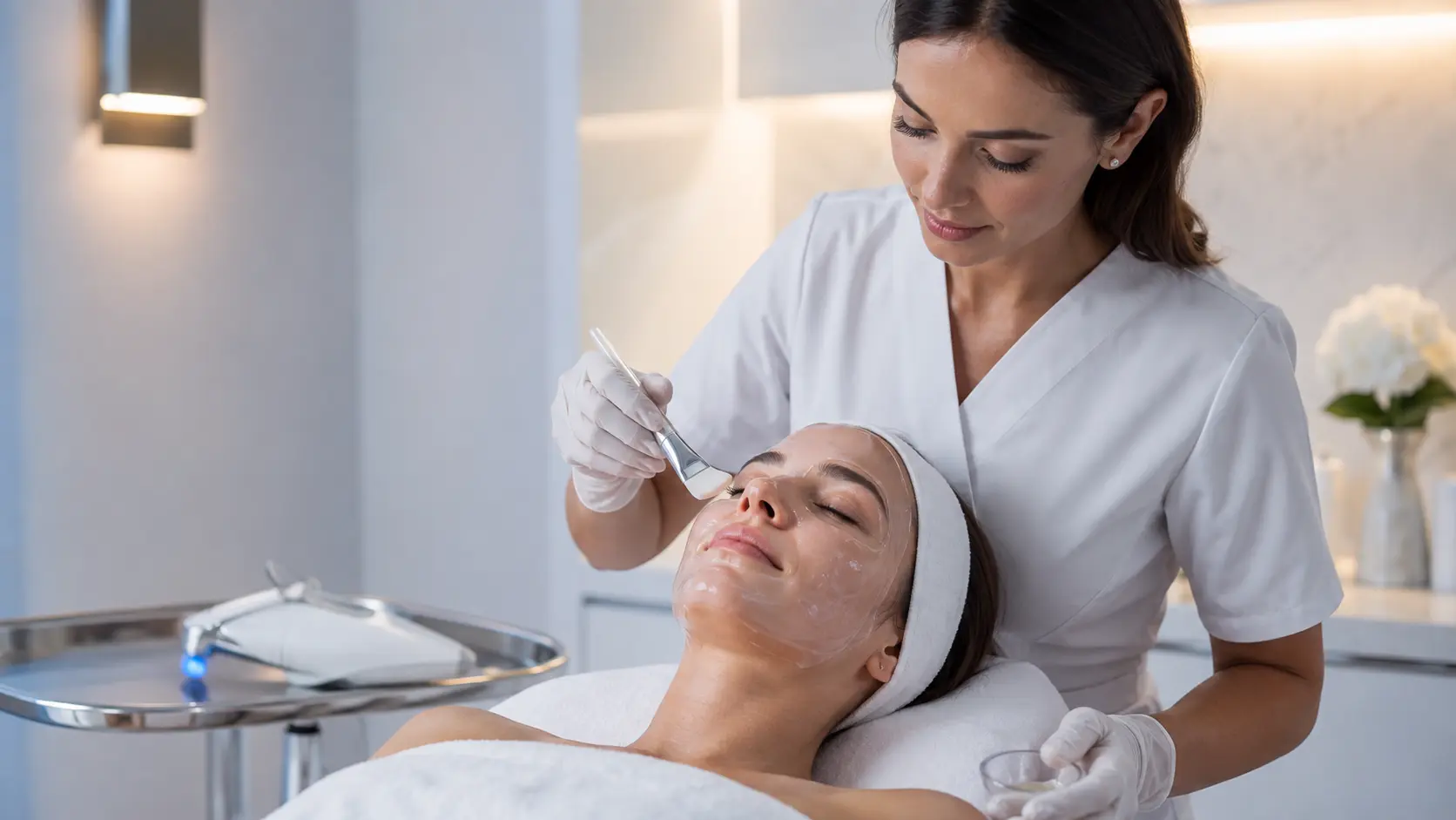 Licensed esthetician applying a professional jelly mask following a nano infusion treatment in a clinical treatment room