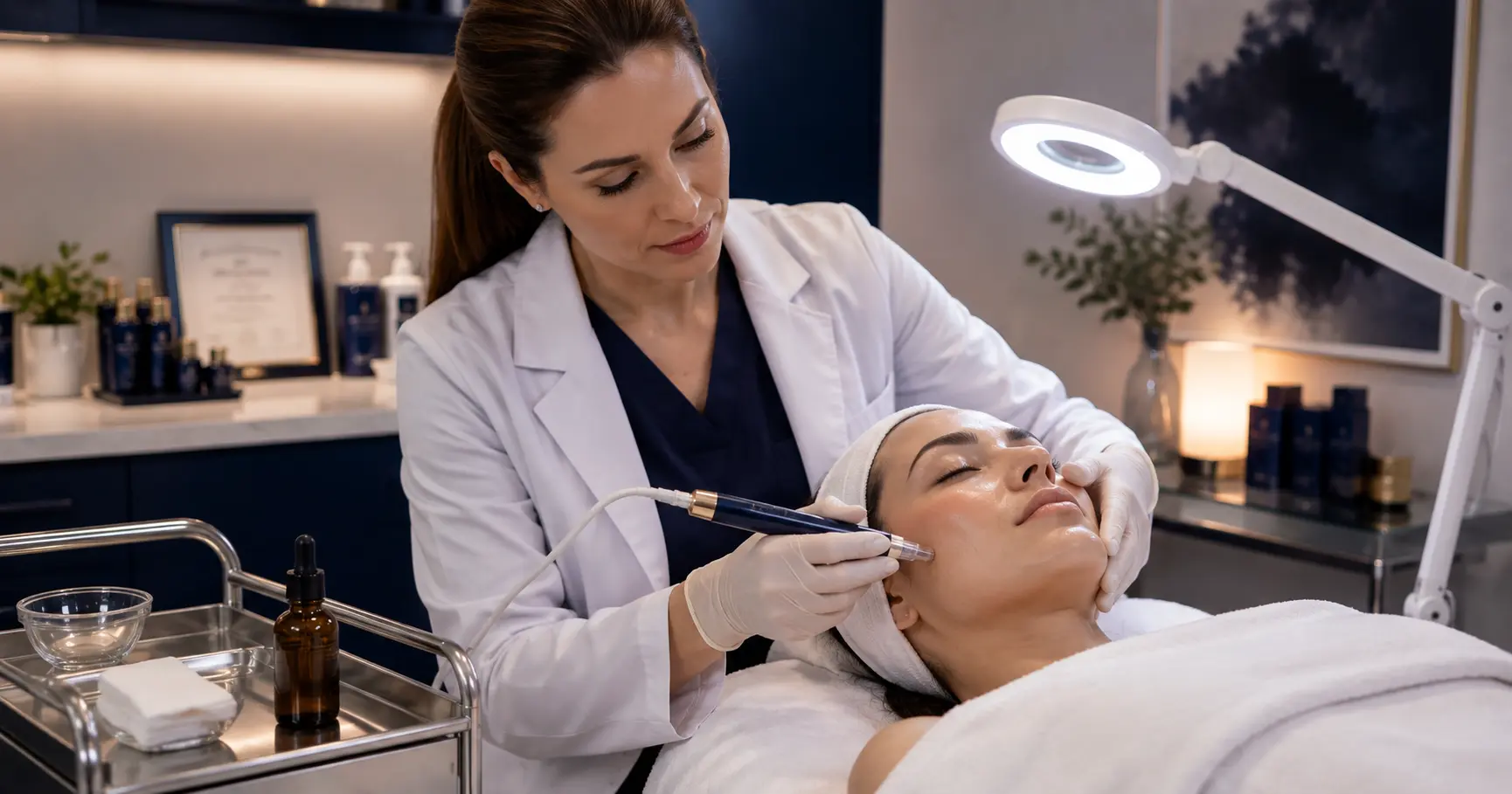 Licensed esthetician performing a nano infusion facial treatment in a professional treatment room setting