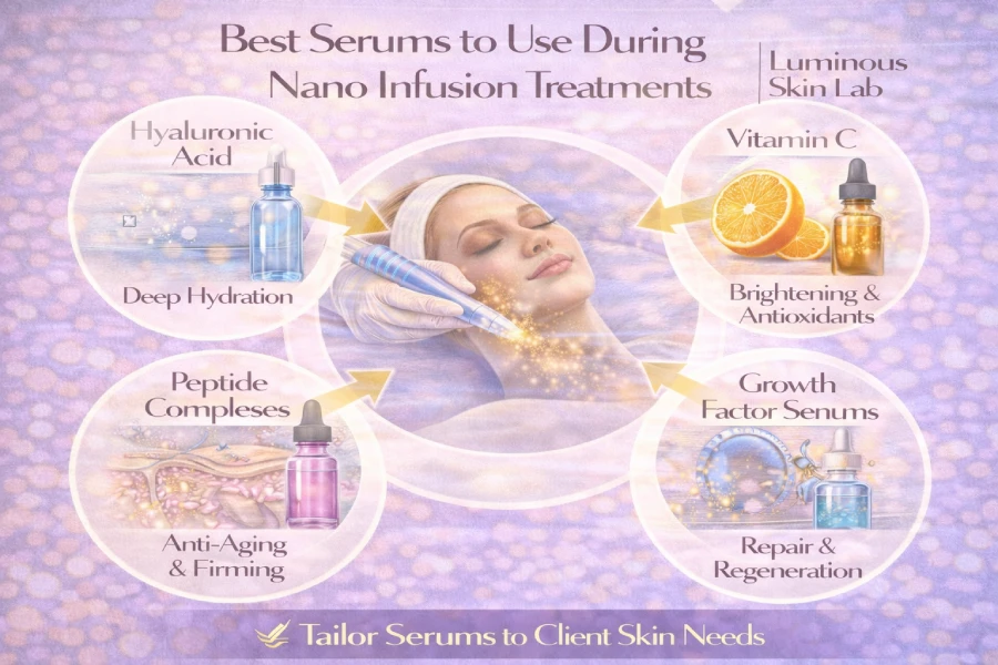 Professional serums for nano infusion treatments including hyaluronic acid, peptides, and growth factor support in skincare protocols