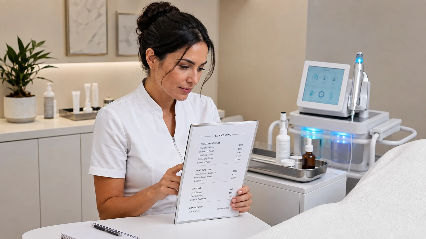 Professional esthetician reviewing a service pricing menu at a clean, modern spa treatment station with nano infusion device visible in background