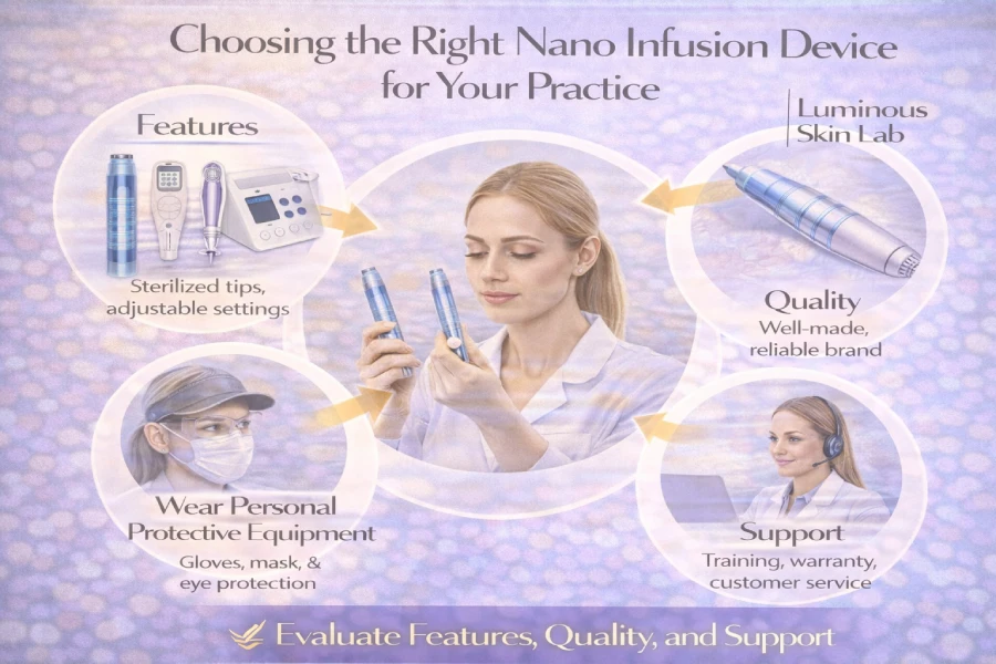 Licensed esthetician examining nano infusion device tip cartridges on a clean treatment tray in a professional spa setting