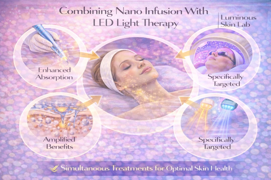 Esthetician positioning an LED light therapy panel above a client&rsquo;s face in a professional treatment room following nano infusion microchanneling