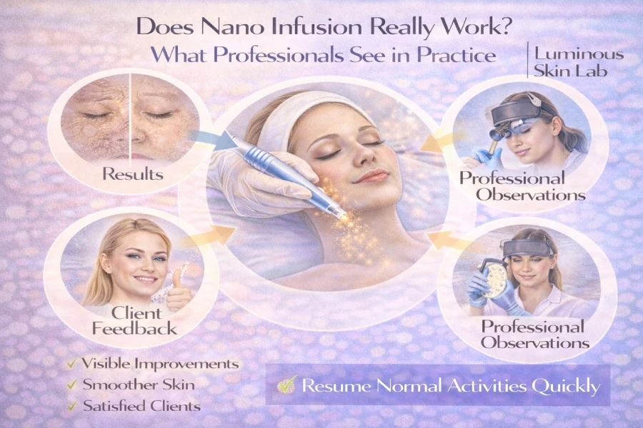 Licensed esthetician reviewing before-and-after skin assessment with a client following a nano infusion treatment session in a professional treatment room