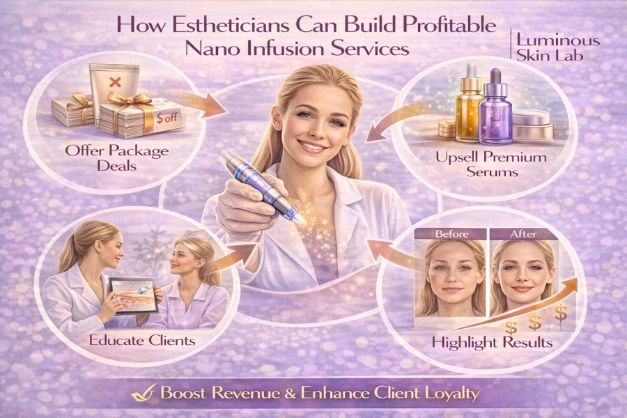 Esthetician building profitable nano infusion services through pricing strategy, package planning, and professional skincare retail support