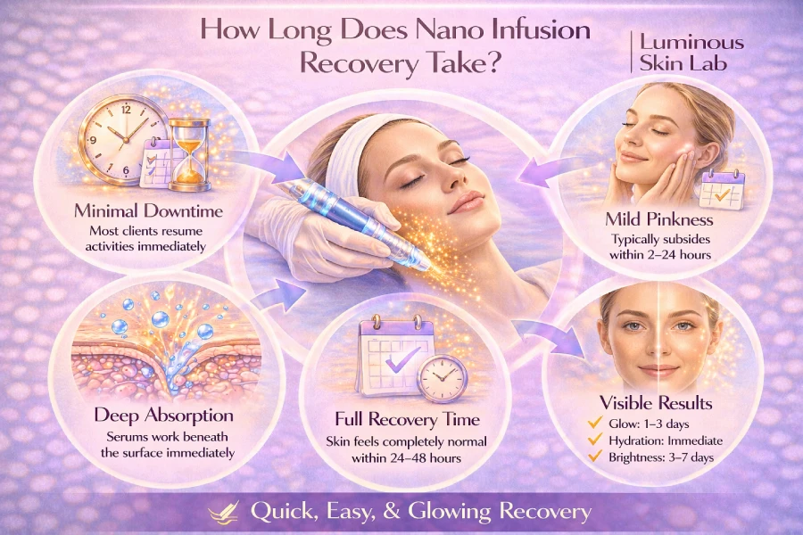 Nano infusion recovery timeline with fresh post-treatment glow, mild redness, and short downtime in professional skincare