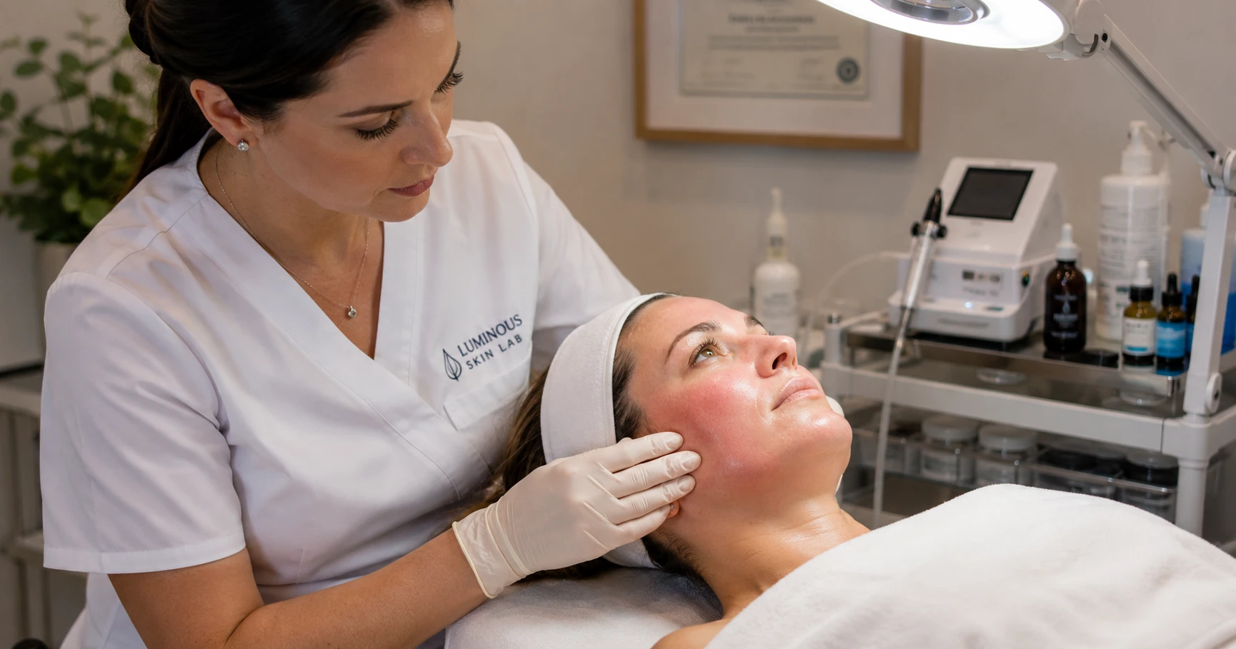 Esthetician examining a client&rsquo;s skin closely in a professional treatment room after a nano infusion microchanneling treatment, assessing post-treatment redness and skin response.