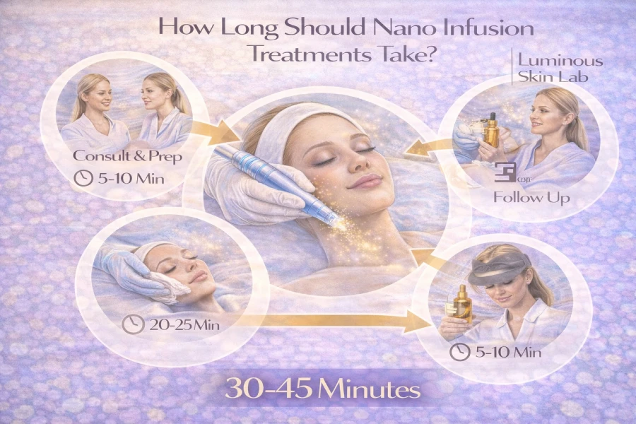 Esthetician reviewing a treatment protocol clipboard at a professional treatment table set up for nano infusion, with a nano infusion device and serums visible