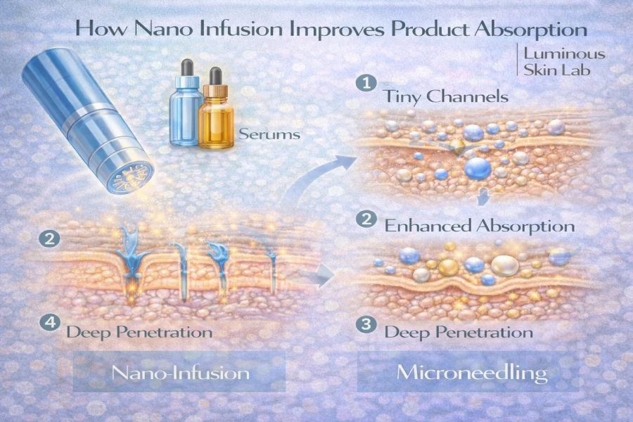 Esthetician applying a nano infusion device to a client&rsquo;s cheek while holding a serum bottle, in a professional treatment room with clean clinical lighting