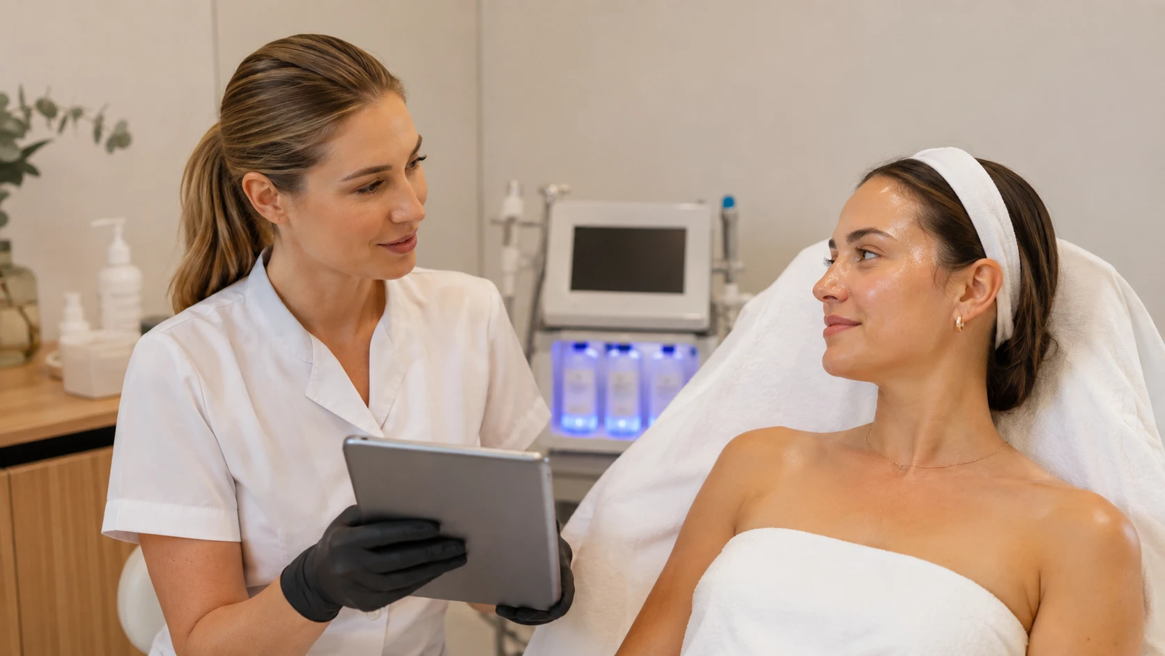 Esthetician reviewing printed aftercare instructions with a client following a nano infusion treatment in a professional treatment room