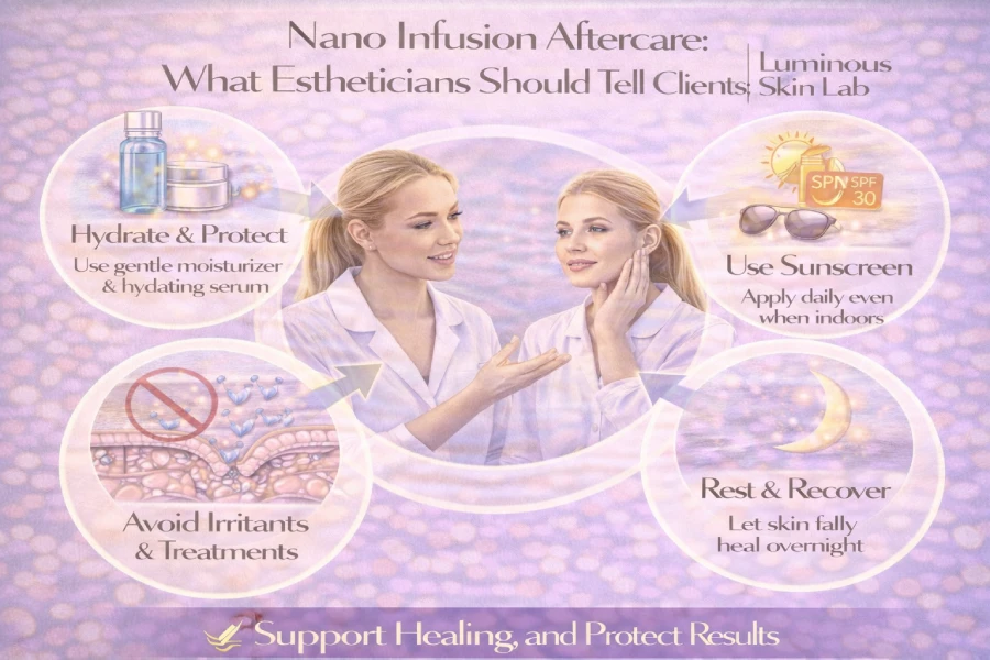 Nano infusion aftercare guidance for clients including hydration support, gentle skincare, and sun protection after treatment
