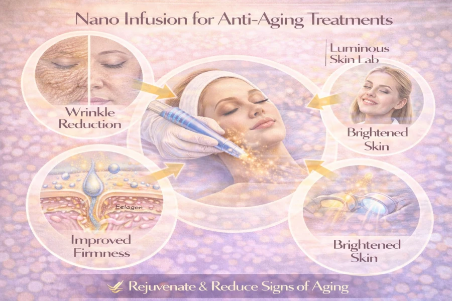 Nano infusion anti-aging facial treatment supporting fine lines, smoother skin texture, and hydration in professional skincare