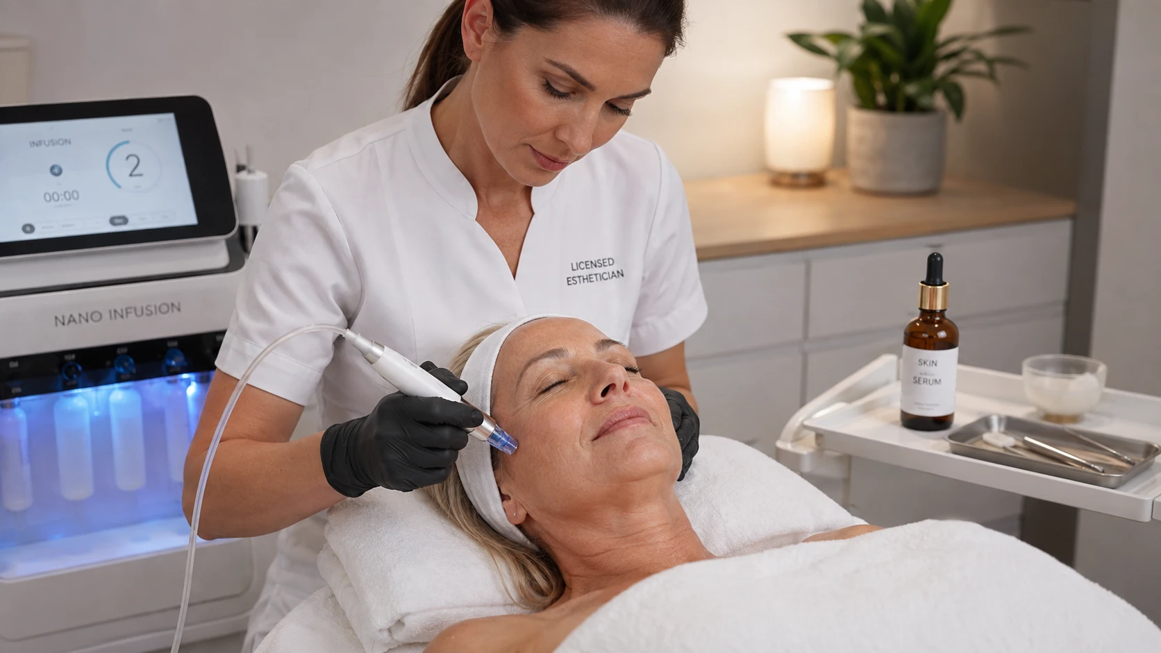Esthetician performing nano infusion treatment with anti-aging serum on a mature female client in a professional treatment room