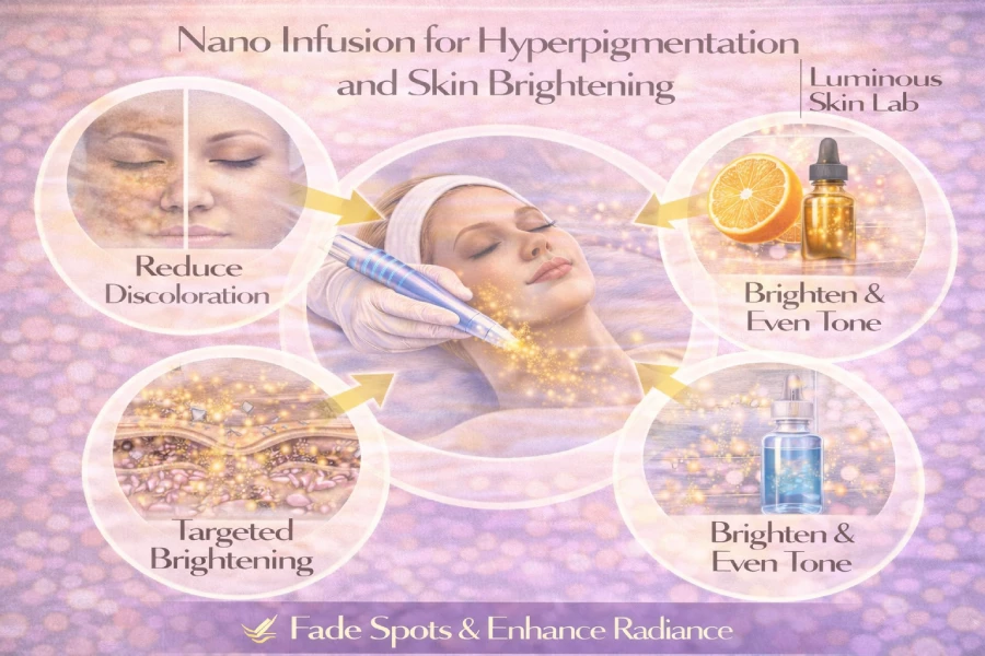 Esthetician applying nano infusion microchanneling treatment to a client&rsquo;s cheek to address hyperpigmentation in a professional treatment room