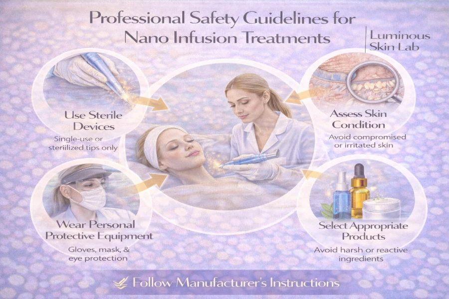 Licensed esthetician reviewing a client intake form and safety checklist before performing a nano infusion treatment in a professional treatment room
