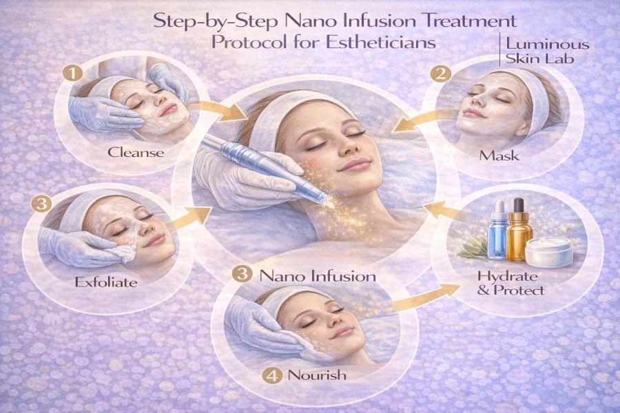Licensed esthetician performing nano infusion treatment on a client&rsquo;s face using a professional nano-tip device in a clean clinical treatment room