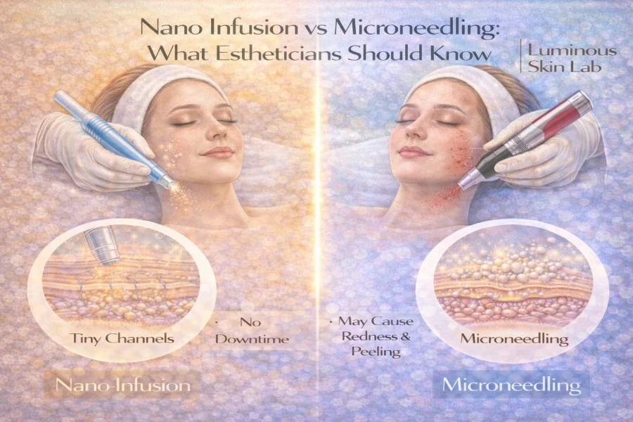 Esthetician reviewing treatment planning notes for nano infusion and microneedling protocols in a professional treatment room setting.