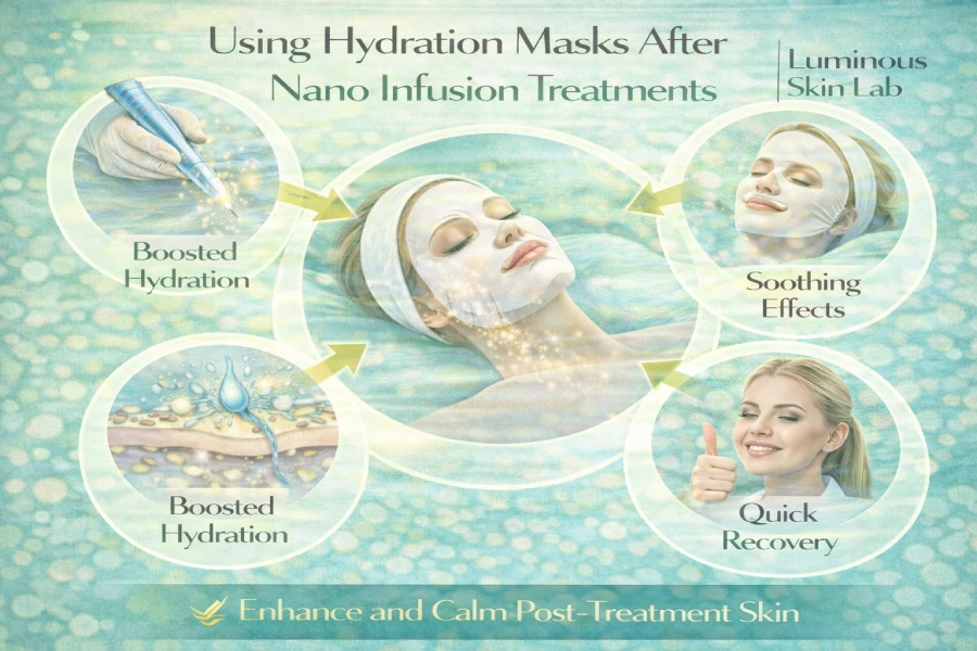 A licensed esthetician applying a professional jelly-format hydration mask to a client immediately following a nano infusion treatment in a clean, clinical spa treatment room.