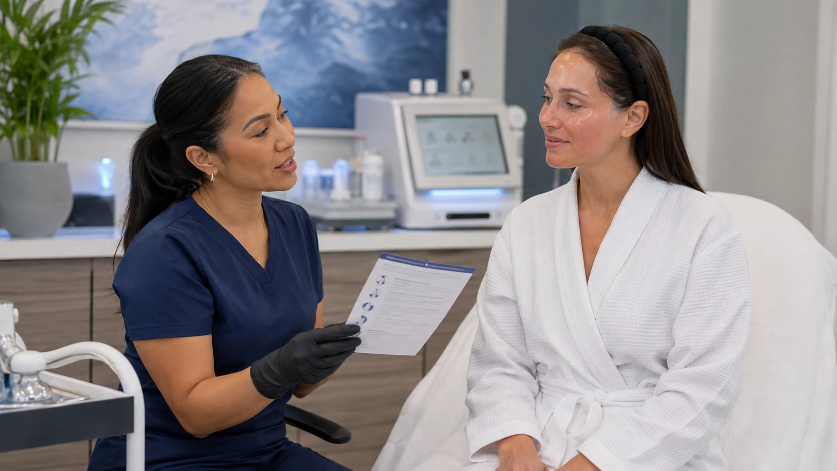 Esthetician reviewing post-nano infusion aftercare instructions with a client in a professional treatment room setting.