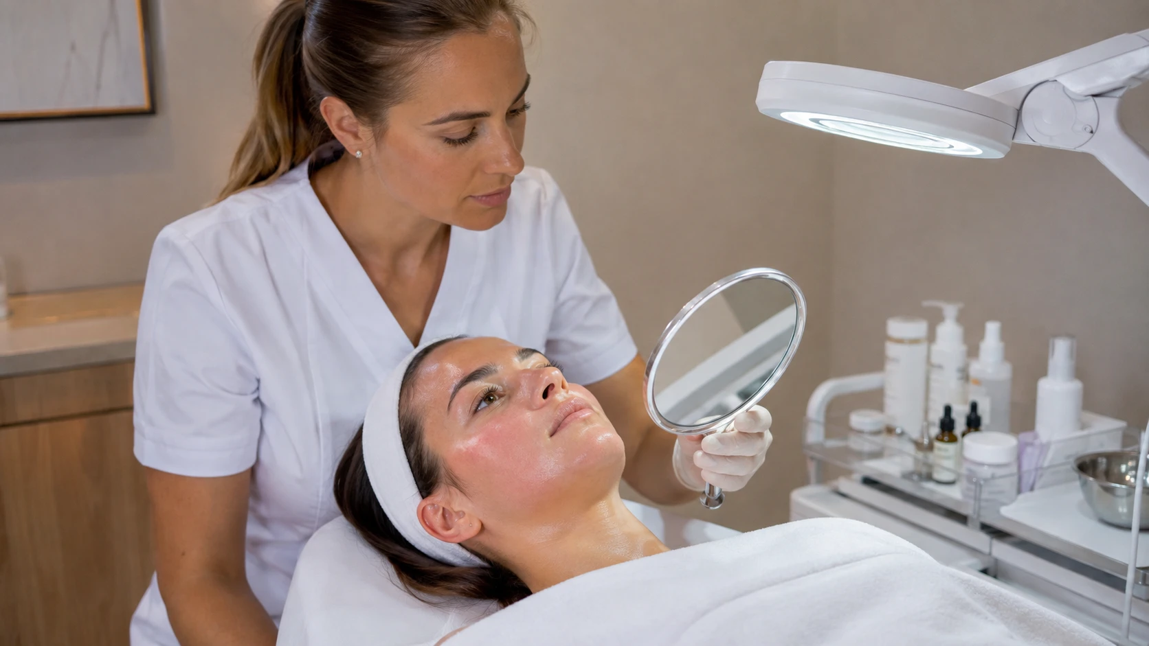 Esthetician examining client skin immediately after nano infusion treatment, assessing the typical mild flush and product saturation visible post-procedure